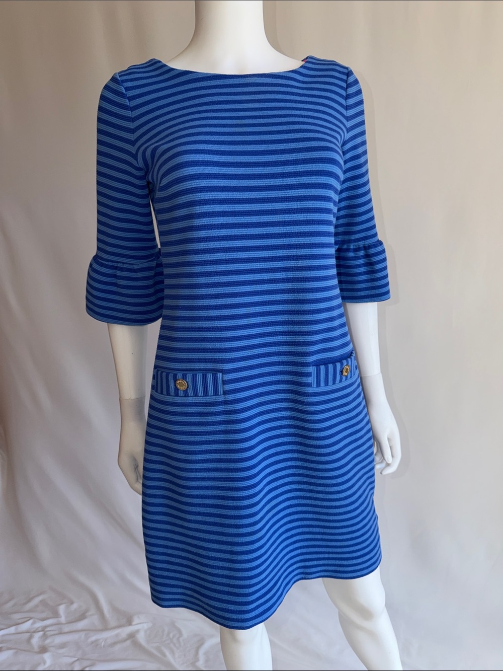 Lilly Pulitzer Blue Striped Midi Dress with Pocket Details